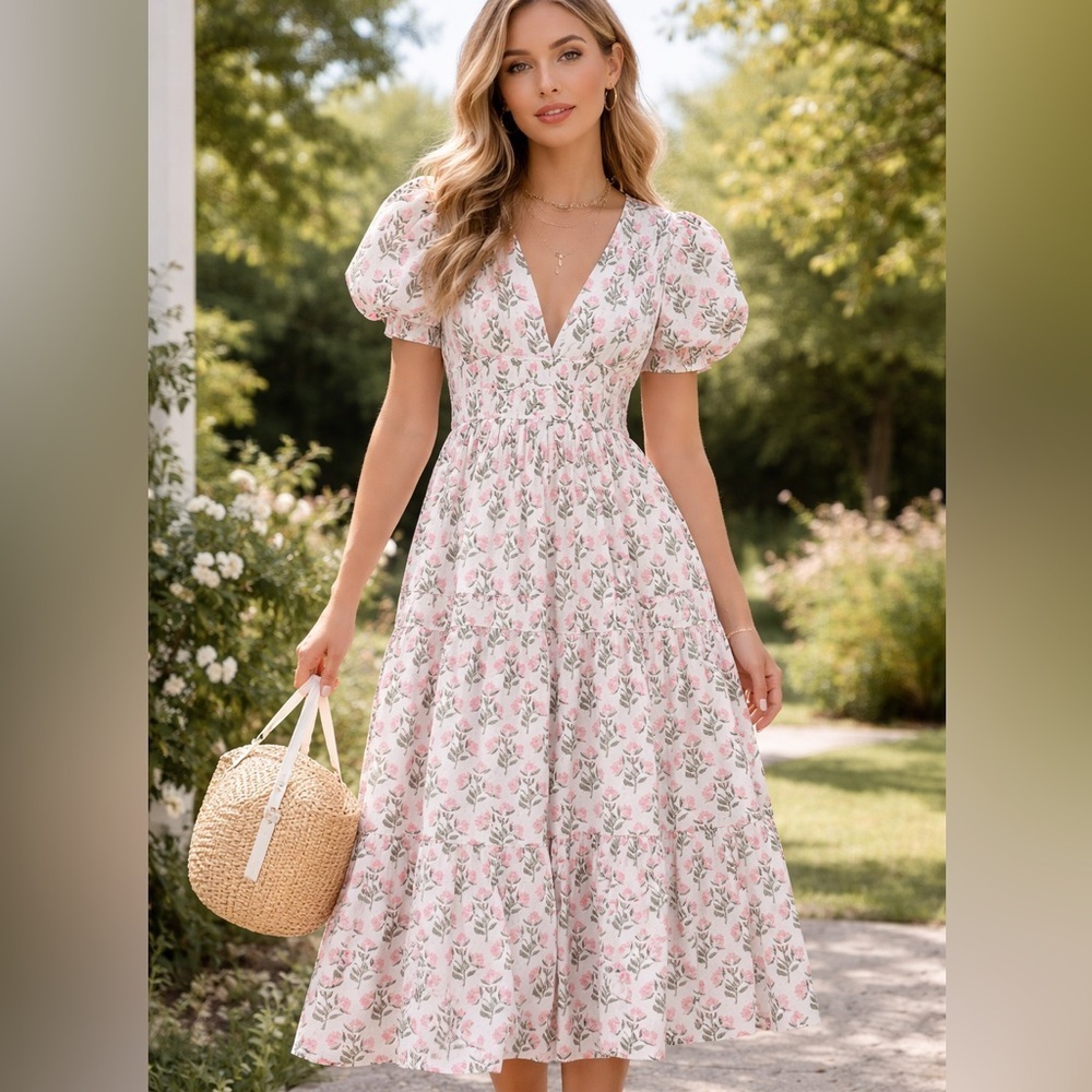 Fancy D White Tiered Floral Puff Sleeve Garden Party Midi Maxi Dress Size Small